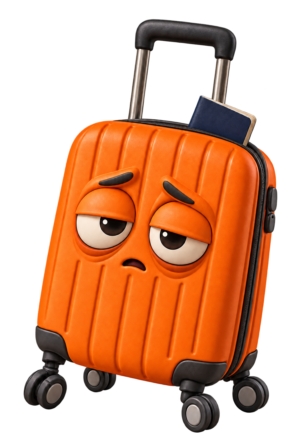 BAGG, a tired orange suitcase with a crooked wheel and a navy passport
